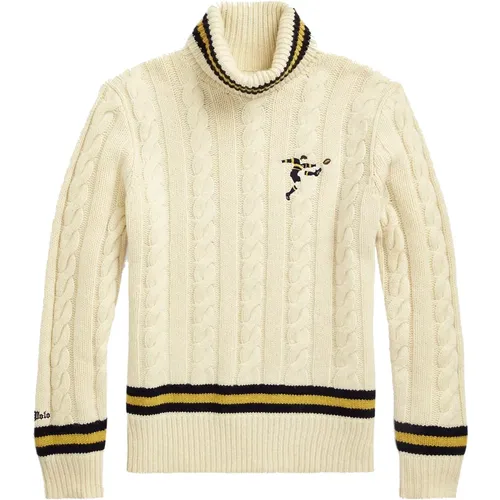 Cable Knit Wool Blend Turtleneck with Rugby Player Embroidery , male, Sizes: L, M - Ralph Lauren - Modalova