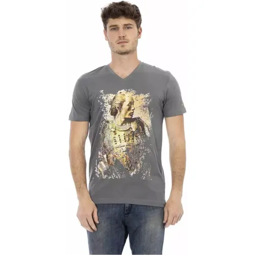 Graues T-Shirt mit V-Ausschnitt und Frontprint , Herren, Größe: 2XL - Trussardi - Modalova