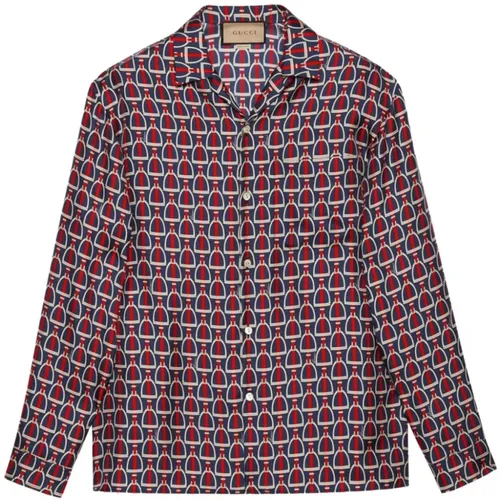 Blue Silk Twill Shirt with Ivory and Red Print , male, Sizes: M - Gucci - Modalova