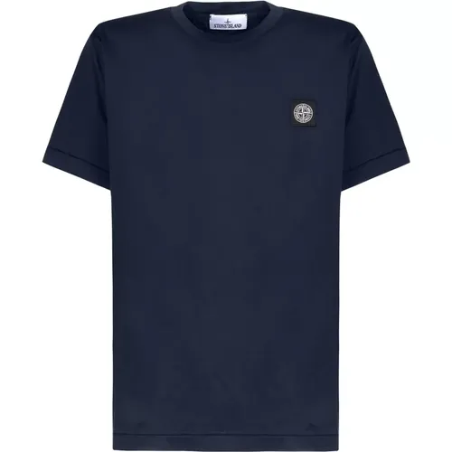 Blaues Baumwoll-T-Shirt mit Kontrast-Logo-Patch - Stone Island - Modalova