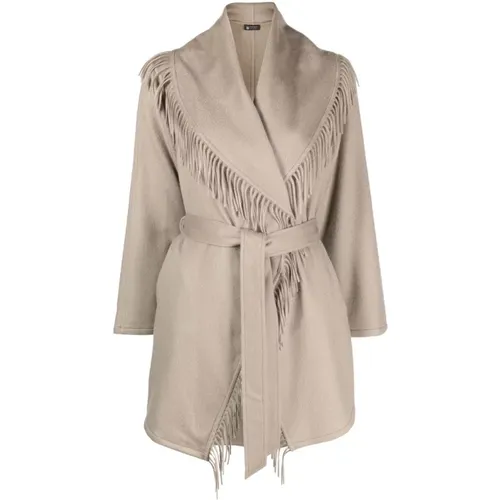 Light Grey Fringed Cashmere Coat , female, Sizes: L - Colombo - Modalova