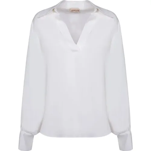 Weiße Seidenmischung V-Ausschnitt Bluse , Damen, Größe: XL - Blanca Vita - Modalova