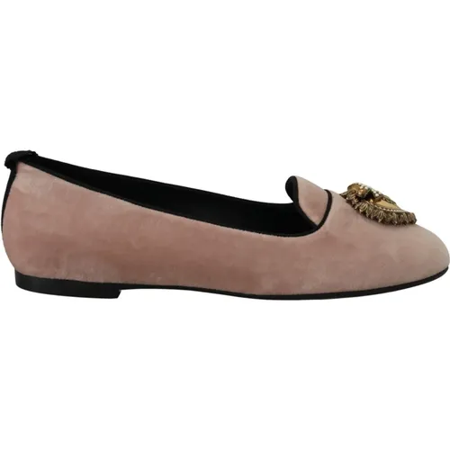 Rosa Velvet Slip Ons Loafers Flats Schuhe , Damen, Größe: 36 EU - Dolce & Gabbana - Modalova