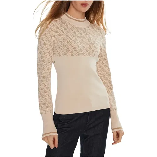 Beiger Strickpullover Rundhalsausschnitt Langarm , Damen, Größe: L - Guess - Modalova