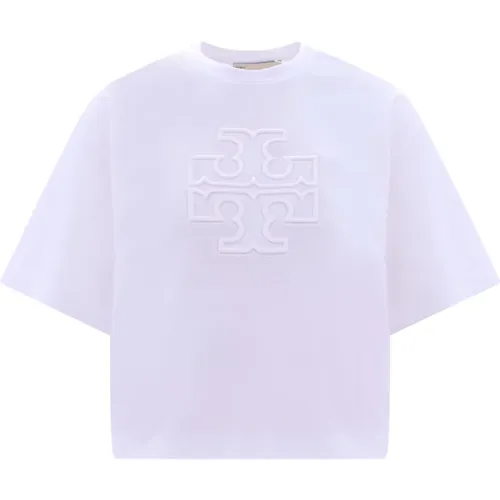 Weißes Ss23 Crop Fit T-Shirt mit Maxi-geprägtem Logo - TORY BURCH - Modalova