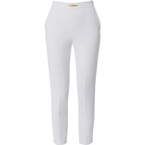 Ivory Stretch Crêpe Trousers with Golden Metal Logo Clamp , female, Sizes: S, XL - Elisabetta Franchi - Modalova