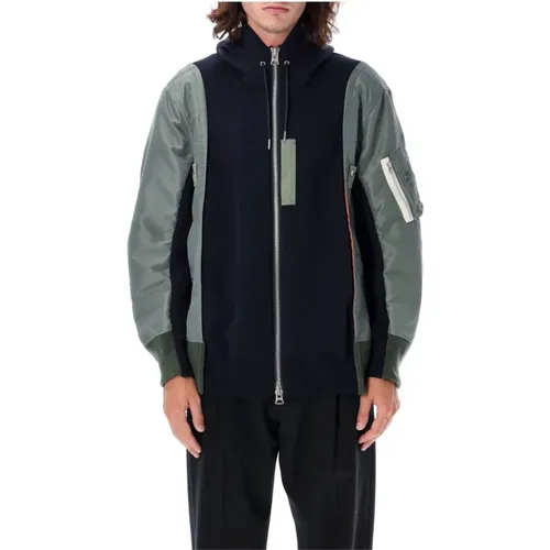 Zip-throughs, male, , Size: XS Navy Khaki Knitwear Bomber Fleece Hoodie - Sacai - Modalova