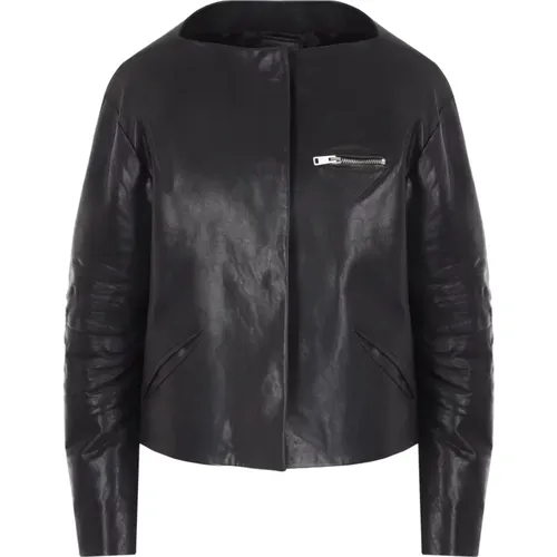 Schwarze Leder-Cropped-Jacke mit Bootsausschnitt und Knopfverschluss - Prada - Modalova