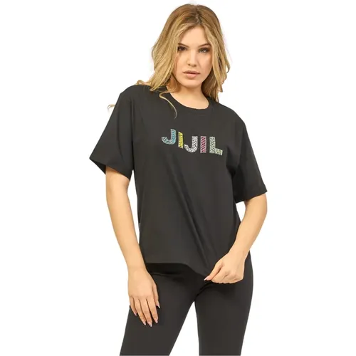Cotton Crew Neck T-shirt with Colored Rhinestone Logo , female, Sizes: XL, S, L, M, 2XS, XS - Jijil - Modalova