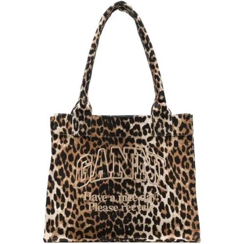 Tote Bags, female, , Size: ONE SIZE Leopard Print Cotton Tote Bag - Ganni - Modalova