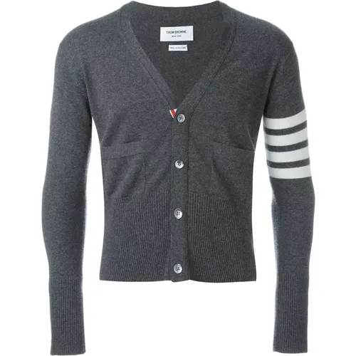 Cardigans, male, , Size: XL Grey 4-Bar Cashmere Cardigan Sweater - Thom Browne - Modalova