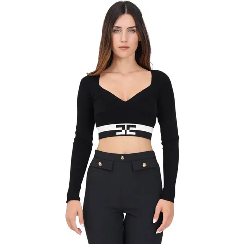 Schwarzes V-Ausschnitt Cropped Top mit Langen Ärmeln,Cropped V-Neck Sweater mit Logo-Bändern - Elisabetta Franchi - Modalova