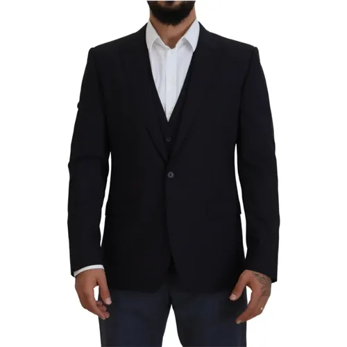 Blazers, male, , Size: XL Elegant Navy Martini Blazer Wool Blend - Dolce & Gabbana - Modalova