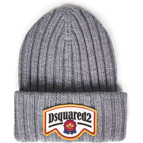 Beanies, male, , Size: ONE SIZE Grey Ribbed Wool Hat with Logo - Dsquared2 - Modalova