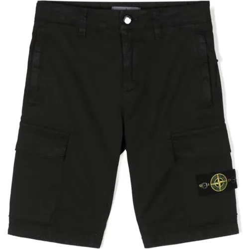 Kinder Schwarze Cargo Shorts,Schwarze Stretch-Baumwollshorts mit Abnehmbarem Logo-Badge - Stone Island - Modalova
