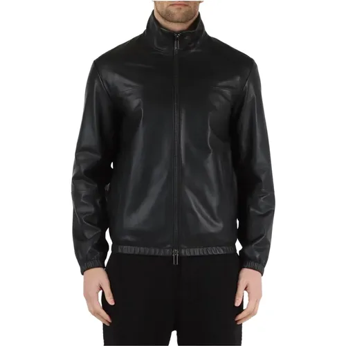 Leather Jacket with Logo Plate , male, Sizes: L, M - Emporio Armani - Modalova