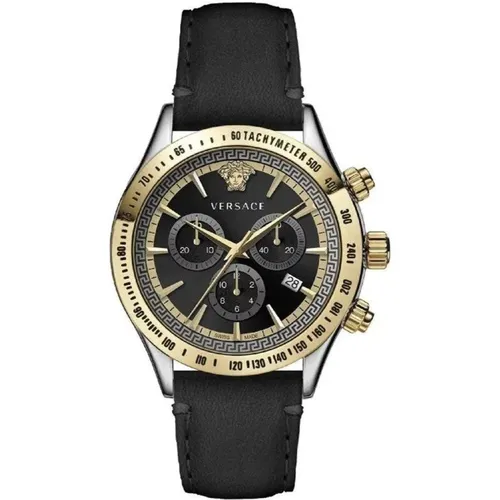 Watches, male, , Size: ONE SIZE Classic Chrono Watch Black Leather Silver Gold Steel - Versace - Modalova