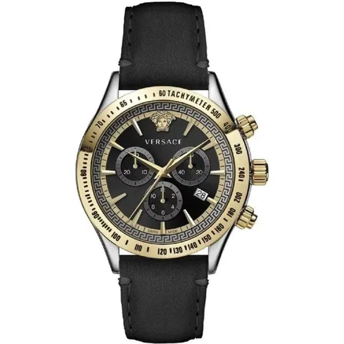 Klassische Chrono Uhr Schwarz Leder Silber Gold Stahl - Versace - Modalova