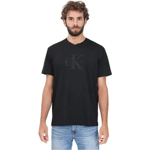 Schwarzes T-Shirt mit tonaler Logo-Stickerei - Calvin Klein Jeans - Modalova