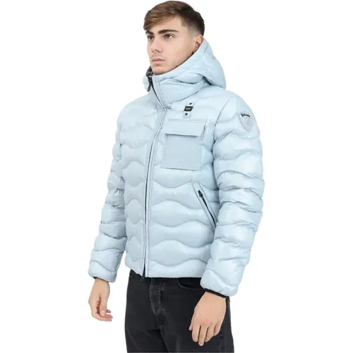 Blaue Steppjacke mit Karomuster , Herren, Größe: M - Blauer - Modalova