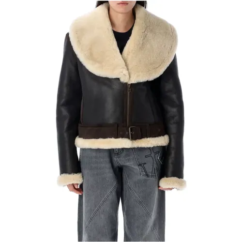 Faux Fur & Shearling Jackets, female, , Size: S Dark Leather Aviator Jacket - JW Anderson - Modalova