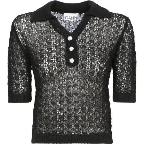 Schwarzes Langarm-Shirt mit Pointelle-Strickmuster , Damen, Größe: L - Ganni - Modalova