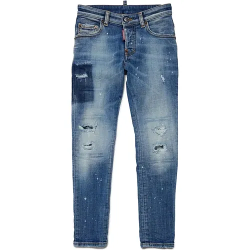 Kinder Blau Splash Grafikdruck Jeans,Dunkelblaue Skinny Jeans mit Rissen - Skater - Dsquared2 - Modalova