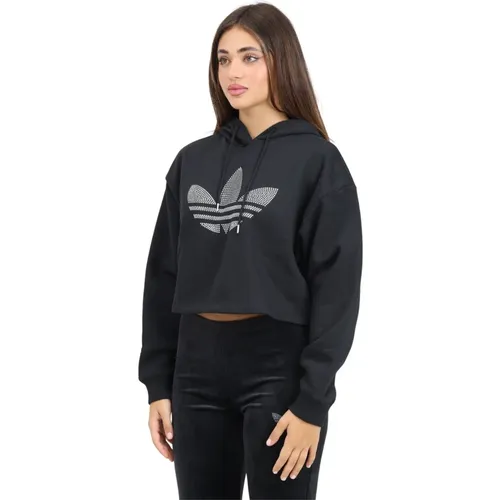 Schwarzer Rhinestone Trefoil Kapuzenpullover , Damen, Größe: L - adidas Originals - Modalova