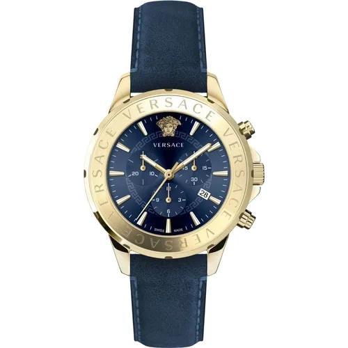 Signature Chronograph Leather Blue Watch , male, Sizes: ONE SIZE - Versace - Modalova