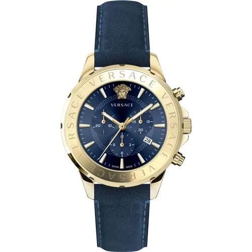 Watches, male, , Size: ONE SIZE Signature Chronograph Leather Blue Watch - Versace - Modalova