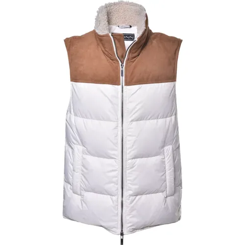 Down jacket in cream fabric and leather suede , male, Sizes: 2XL, L - Baldinini - Modalova