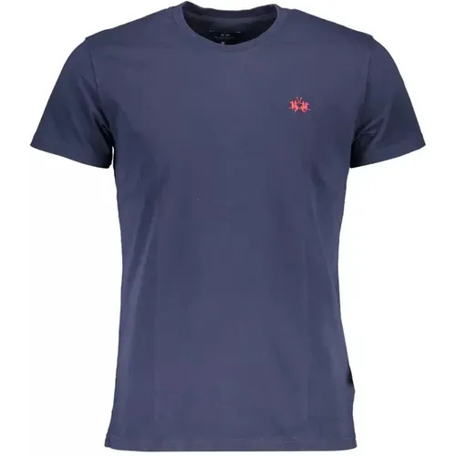 Blaues Baumwoll-T-Shirt, Kurzarm, Regular Fit, Rundhals, Stickerei , Herren, Größe: L - LA MARTINA - Modalova