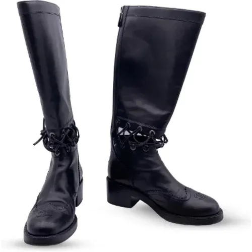 Schwarze Lederstiefel mit Schnürung und Ausschnitten bis zum Knie - Chanel Vintage - Modalova