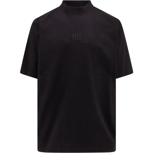 Schwarzes Geripptes T-Shirt mit Logo-Stickerei - Balenciaga - Modalova