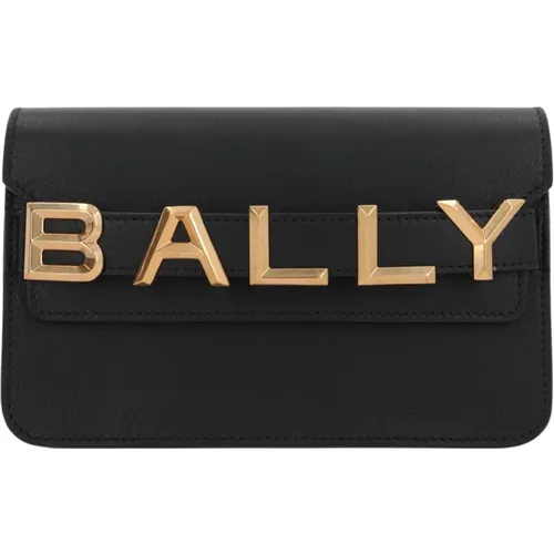 Schwarze gehämmerte Leder-Schultertasche mit goldener Hardware,Schwarze Lederschultertasche mit goldenem Logo - Bally - Modalova