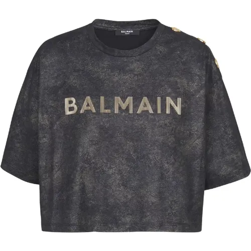 Kurzes T-Shirt aus Öko-Baumwolle mit aufgedrucktem strukturiertem -Logo - Balmain - Modalova