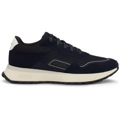 Navy Knit Sneakers with Suede Trims , male, Sizes: 7 UK - Hugo Boss - Modalova