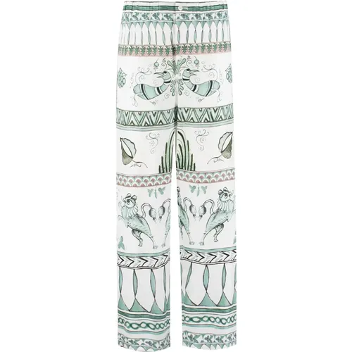 Straight Trousers, female, , Size: S Silk Trousers Bianco/Ottanio/Verde Ss25 - Fabiana Filippi - Modalova
