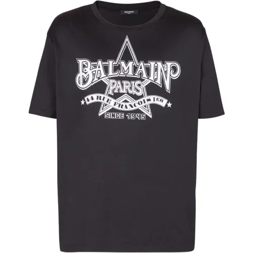 Schwarzes Baumwoll T-Shirt mit Logo-Print , Herren, Größe: XL - Balmain - Modalova