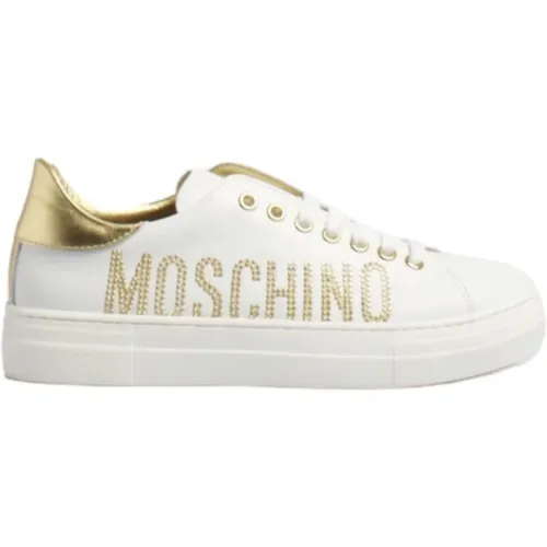 Sneakers, female, , Size: 6 US Leather Sneaker with Gold Strass Logo - Moschino - Modalova