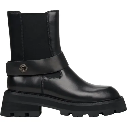 Damen Schwarze Leder Stiefeletten mit Dekorativem Riemen Er00112112 , Damen, Größe: 39 EU - Estro - Modalova