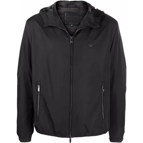Light Jackets, male, , Size: 2XL Logo Patch Hooded Coat - Emporio Armani - Modalova