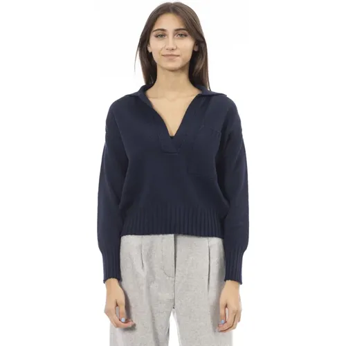 V-Ausschnitt Pullover mit Fronttasche , Damen, Größe: XS - Alpha Studio - Modalova