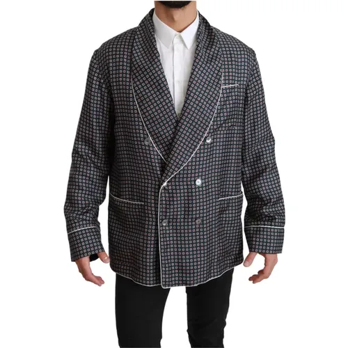 Navy Patterned Double Breasted Coat , male, Sizes: L - Dolce & Gabbana - Modalova