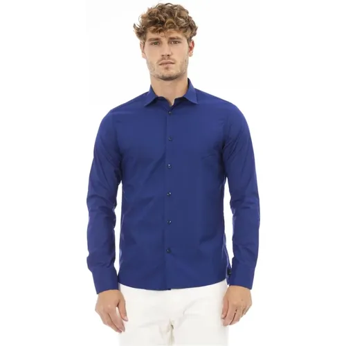 Blaues Polyesterhemd mit italienischem Kragen , Herren, Größe: L - Baldinini - Modalova