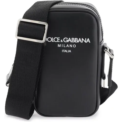 Messenger Bags, male, , Size: ONE SIZE Small Leather Crossbody Bag with Logo Print - Dolce & Gabbana - Modalova