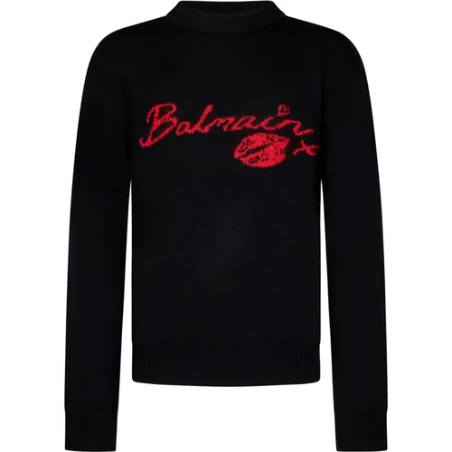 Schwarzer Strick-Crewneck-Pullover mit Logo,Lips Motif Logo Strickpullover - Balmain - Modalova