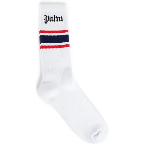 Socks, male, , Size: L/XL Striped Logo Socks White Navy - Palm Angels - Modalova