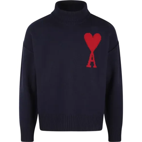 Roter Herz-Intarsia-Wollpullover , Herren, Größe: S - Ami Paris - Modalova