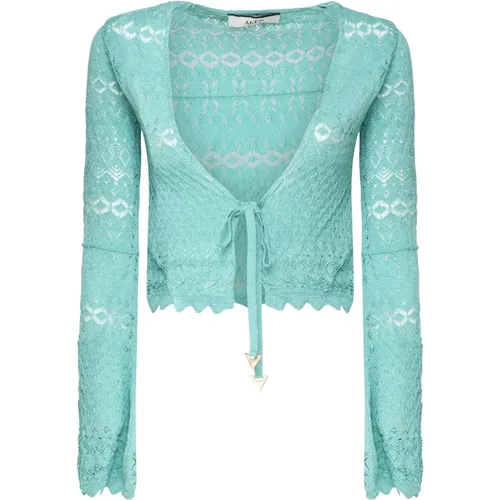 Cardigans, female, , Size: S Crochet Lace V-Neck Aqua Sweater - Akep - Modalova